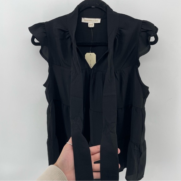 Monteau Blouse Black Tie Ruffles Flowy L New - Picture 2 of 5